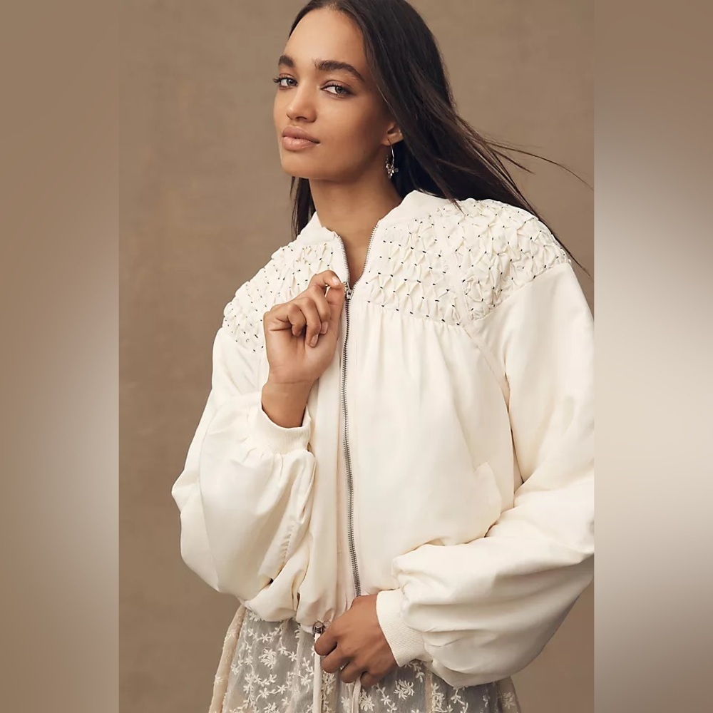 By Anthropologie Smocked Bomber Jacket in Cream size medium bohemian feminine